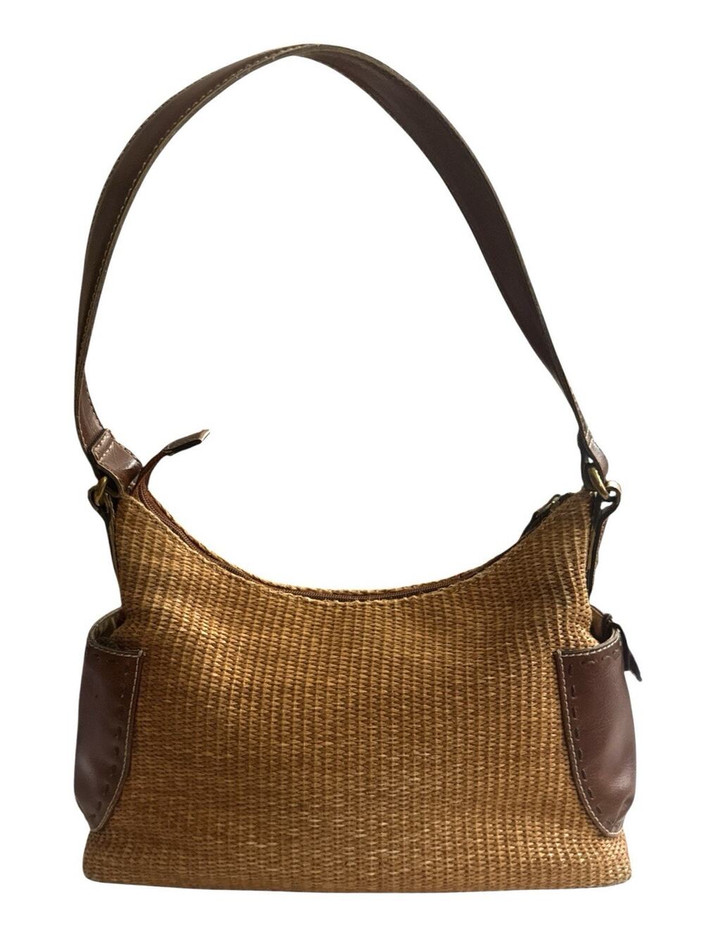 Fossil Purse Thatch Weave & Leather Shoulder Bag Brown Brass Accents